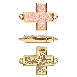 Link, Druzylite&trade;, "druzy" (resin) and gold-finished brass, pink, 18x16mm two-sided cross with open filigree back. Sold per pkg of 4.