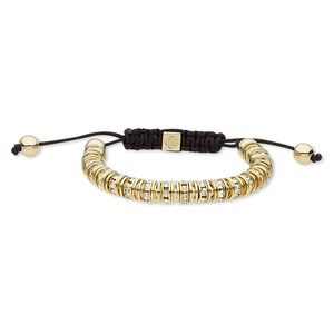 Bracelet, glass rhinestone / nylon / gold-finished steel / "pewter" (zinc-based alloy), black and clear, 8mm wide, adjustable from 6-8 inches with macram&eacute; knot closure. Sold individually.