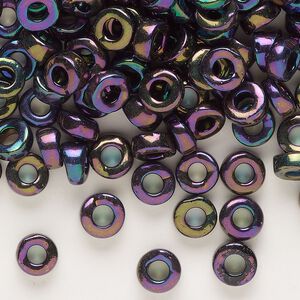 Seed bead, Czech glass, 1pkg50g, #32, 6.5x2.5mm chalk pony, opaque iris black and red.