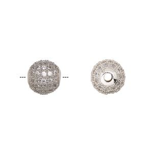 Bead 1pkg1 silver-finished, 9.5mm textured round, brass / clear cubic zirconia