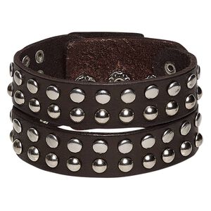 Bracelet, leather (dyed) and imitation rhodium-finished steel, dark brown, 37mm wide with round studs, adjustable from 5-7 inches with snap closure. Sold individually.