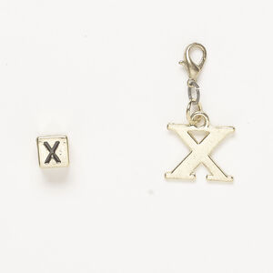 Bead and charm 1pkg2, antique gold-finished "pewter" (zinc alloy) / steel / enamel, black, 7mm cube with alphabet letter "X" and 16x13mm alphabet letter "X" with lobster claw clasp.
