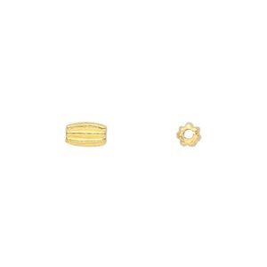 Bead 1pkg100 gold-finished "pewter", 7x4mm corrugated tube