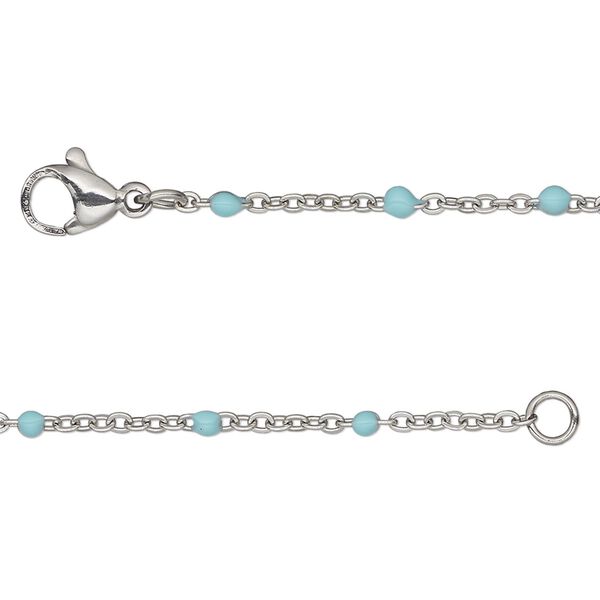 Chain 1pkg1 cable, 1.7mm flat / 2mm ball / lobster claw clasp, stainless steel / turquoise enamel 18 inch image number 0