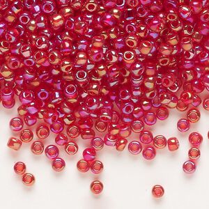 Seed bead, Dyna-Mites&trade;, glass, transparent rainbow ruby red, #8 round. Sold per 40-gram pkg.
