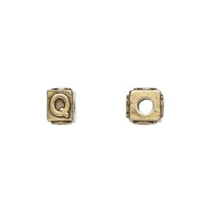 Bead 1pkg4 gold-plated pewter, 8x6mm rectangle / letter Q, antique Dione&reg;
