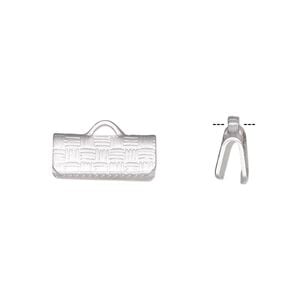 Ribbon crimp end 1pkg100 silver-plated, 13x6mm textured rectangle, brass