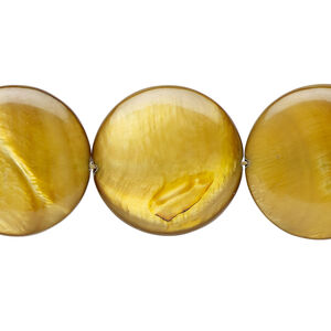 Mother-of-pearl shell 1pkg1, puffed flat round bead 15 inch dark golden brown 19-20mm