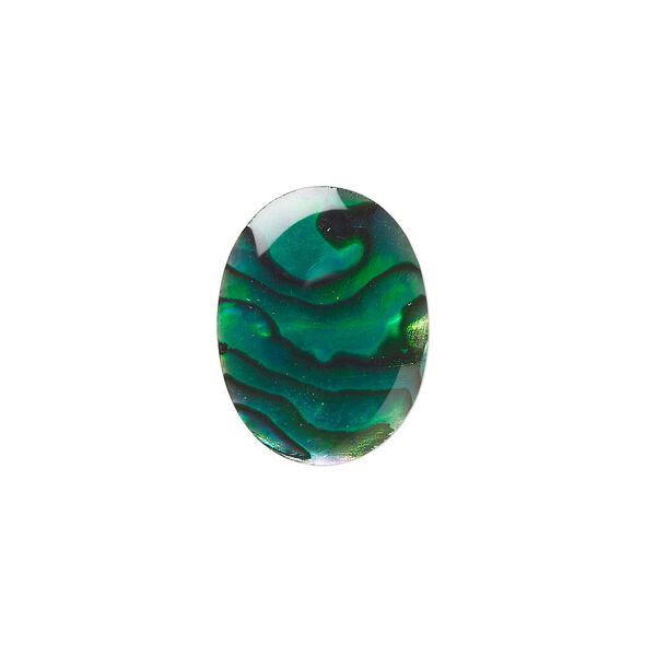Cabochon, paua shell (coated / dyed), green, 16x12mm calibrated oval, Mohs hardness 3-1/2. Sold per pkg of 4. image number 0