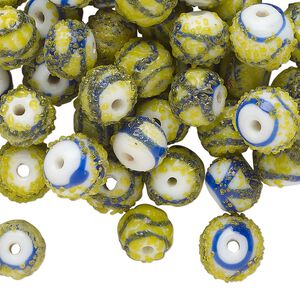 Bead, glass, opaque yellow-green / blue / white, 8mm textured round with swirl design. Sold per 2-ounce pkg, approximately 70 beads.