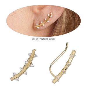 Earring, Create Compliments&reg;, cubic zirconia and gold-finished sterling silver, clear, 21.5x6.5mm thorns ear climber with fishhook ear wire, 20 gauge. Sold per pair.