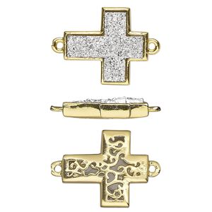 Link, Druzylite&trade;, "druzy" (resin) and gold-finished brass, silver, 18x16mm two-sided cross with open filigree back. Sold per pkg of 4.