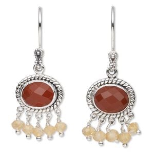 Earring, citrine / carnelian (dyed / heated) / antiqued sterling silver, 37mm with 11x8mm faceted oval and 4x3mm faceted rondelle with fishhook ear wire. Sold per pair.