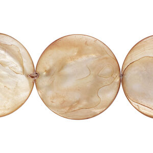 Mother-of-pearl shell 1pkg1, puffed flat round bead 15 inch light golden brown 24-25mm