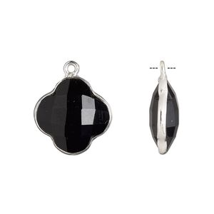 Drop, black onyx (dyed) and sterling silver, black, 16-17mm hand-cut double-sided faceted clover. Sold individually.