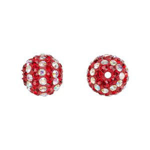 Bead, Egyptian glass rhinestone / epoxy / resin, red and clear AB, 12mm round with pav&eacute; striped design. Sold individually.