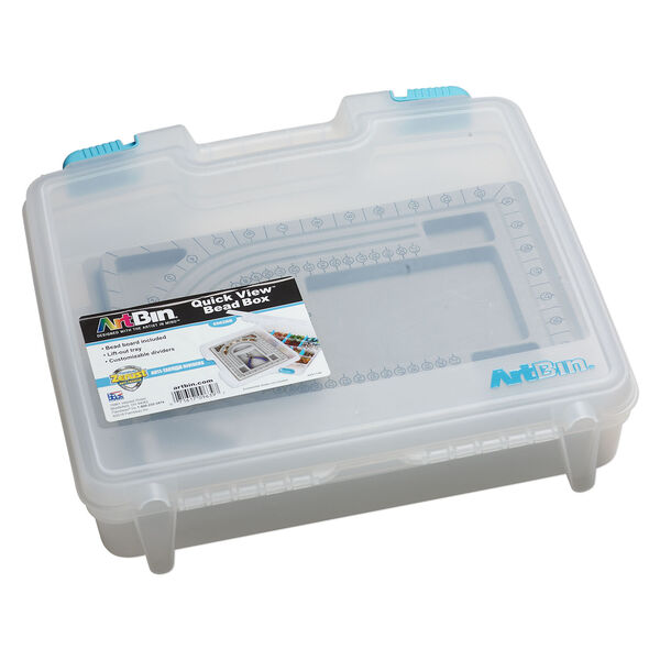 Organizer, ArtBin&reg; tarnish inhibitor 1pkg1, polypropylene, clear and blue, 15-1/2 x 15 x 3-1/2 inches, organizer box with 18 moveable dividers, removable tray and bead board. image number 0