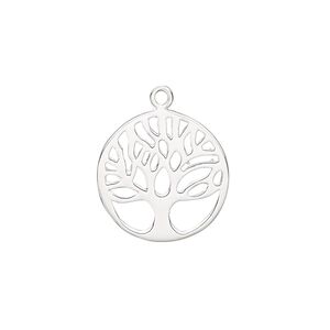 Drop, sterling silver, 18mm double-sided flat round with cutout tree of life. Sold individually.