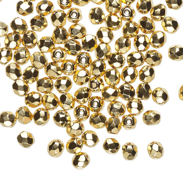 Bead, Czech fire-polished glass 1pkg100, opaque 14Kt gold-plated clear, 4mm faceted round. image number 0