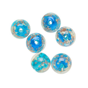 Bead, lampworked glass, clear / blue / glow-in-the-dark / gold, 10mm round. Sold per pkg of 6.