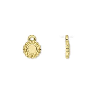 Drop, gold-finished brass, 8.5mm single-sided beaded round with 4mm round setting. Sold per pkg of 10.