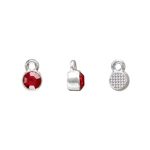 Drop, silver-finished "pewter" (zinc-based alloy) and glass rhinestone, ruby red, 6mm faceted round, July birthstone. Sold per pkg of 10.