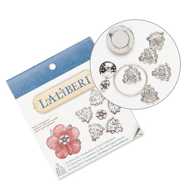 Pendant and brooch kit, Laliberi&trade;, antiqued silver-finished steel and "pewter" (zinc-based alloy), flower. Sold per kit. image number 0