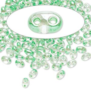 Seed bead, Preciosa Twin&trade; Czech glass, pkg/10g, 5x2.5mm oval, transparent light green terra color-lined clear, (38656).