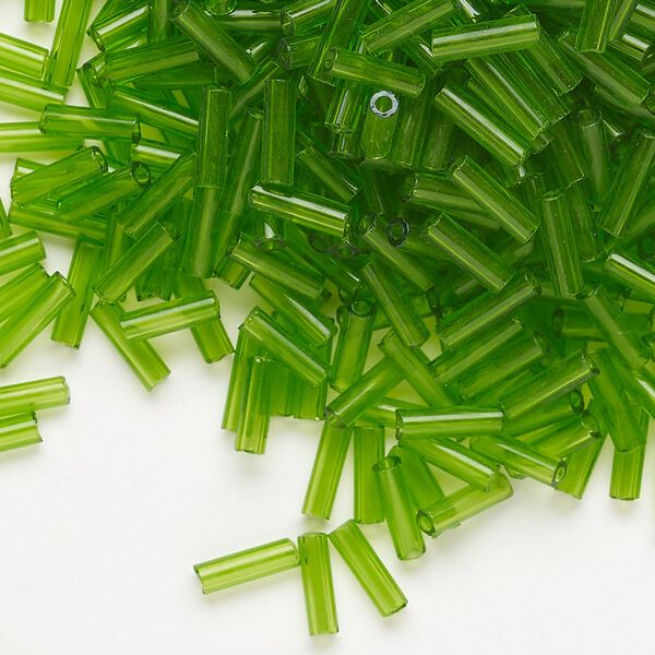 Bead, Preciosa Ornela Czech glass, bugle bead, pkg/50g, 1/4 inch, transparent lime green, (50430). image number 0