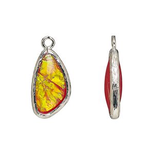 Drop, Opalized Ice&trade;, "opal" (resin) and imitation rhodium-finished brass, opaque orange, 19.5x11mm double-sided wing. Sold per pkg of 4.