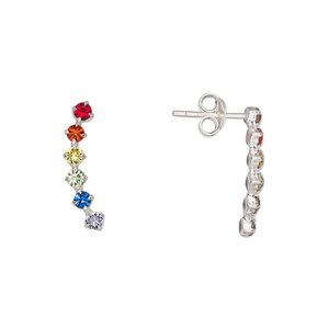 Earstud, Create Compliments&reg;, sterling silver and glass rhinestone, rainbow, 17x5mm left- and right-facing curve. Sold per pair.