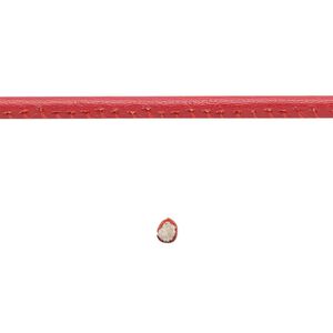 Cord, leather and cotton (dyed), red, 2.5mm zigzag-stitched round. Sold per 5-yard section.