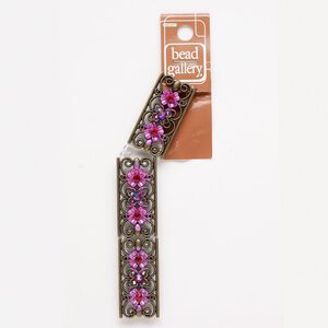Spacer, antique gold-finished "pewter" (zinc-based alloy) and glass, fuchsia and red, 41x21mm with flowers and hidden loops, spacer fits up to 15mm beads. Sold per pkg of 3.