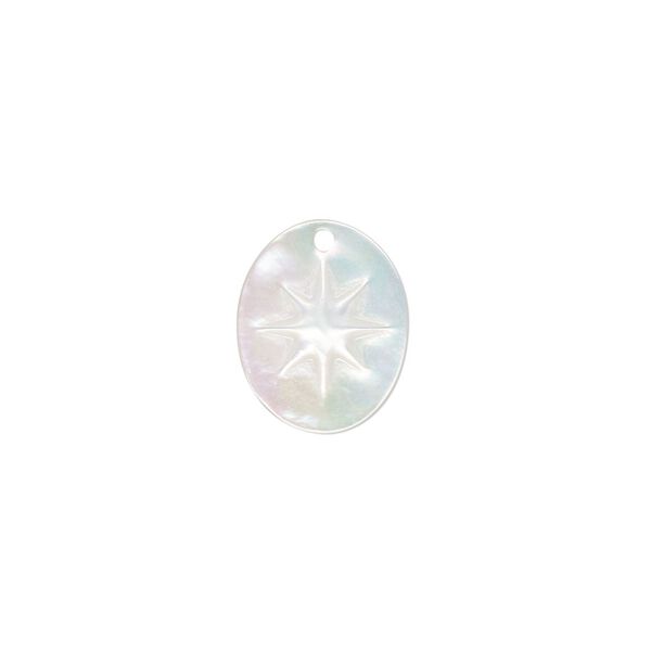 Drop, mother-of-pearl shell (bleached) 1pkg1, 15x12mm carved oval compass. image number 0