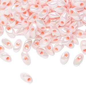 Seed bead, Miyuki, glass, pkg/10g, 7x4mm long magatama, opaque light rose inside dyed color pearl (LMA-427).