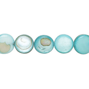 Mother-of-pearl shell 1pkg1, puffed flat round bead 15 inch teal 9-10mm
