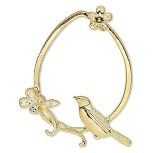Focal, gold-finished "pewter" (zinc-based alloy), 48x40mm single-sided open teardrop with cutout bird and flower design. Sold per pkg of 2.