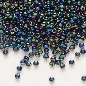 Seed bead, Miyuki, glass, pkg/50g, #8 rocaille, opaque rainbow black (RR-455).