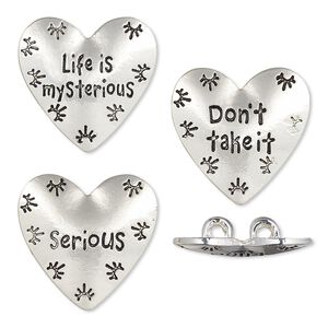 Spacer, silver-finished "pewter" (zinc-based alloy), 25x24mm 2-strand affirmation heart with sunburst "Life is mysterious" / "Don't take it" / "Serious" designs and hidden loops, fits up to 6mm bead. Sold per 3-piece set.