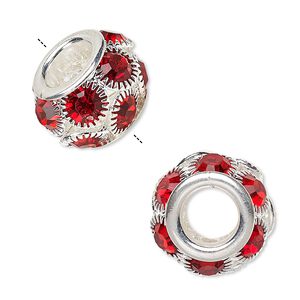 Bead 1pkg1 silver-plated "pewter", 18x12mm rondelle / 6mm faceted round, Egyptian glass rhinestone / light Siam