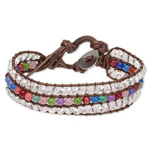 Bracelet, waxed cotton cord / glass / stainless steel, multicolored, 18mm wide, adjustable from 6-1/2 to 8-1/2 inches with button clasp. Sold individually.