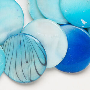 Mother-of-pearl shell 1pkg6oz, puffed flat round bead mix multi-blue 24-25mm