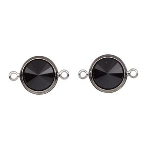 Link, Vintage Crystal&trade;, crystal and gunmetal-plated brass, jet, 12mm rivoli. Sold per pkg of 2.