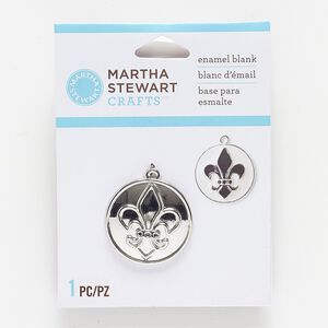 Drop, silver-finished "pewter" (zinc-based alloy), 27mm round enamel blank with fleur-de-lis design. Sold individually.