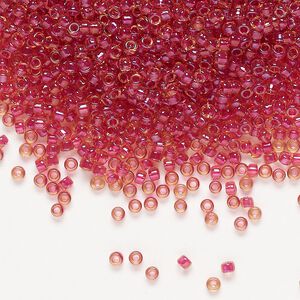 Seed bead, Miyuki, glass, pkg/25g, #11 rocaille, translucent light cranberry-lined luster topaz (RR-363).