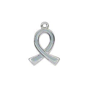 Charm, silver-plated "pewter" (zinc-based alloy) and enamel, grey, 18x15mm single-sided awareness ribbon. Sold individually.