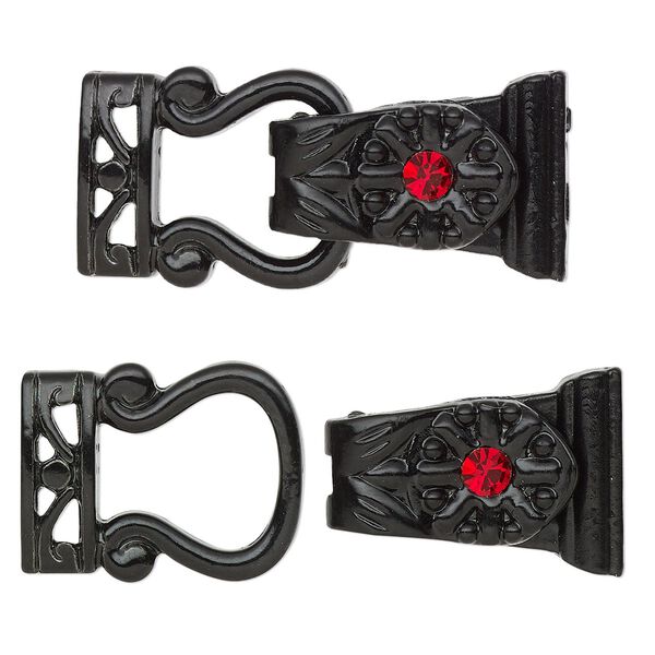 Clasp magnetic fold-over 1pkg2 "pewter" (zinc alloy), 29x13mm, black-finished / red rhinestone 2-strand image number 0