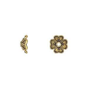 Bead cap, antique gold-finished "pewter" (zinc-based alloy), 9.5x4mm with hearts, fits 8-10mm round bead. Sold per pkg of 20.