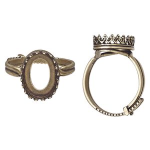 Ring, JBB Findings, antiqued brass, 15.5mm wide with decorative trim and 14x10mm oval bezel setting, adjustable from size 8-11. Sold individually.