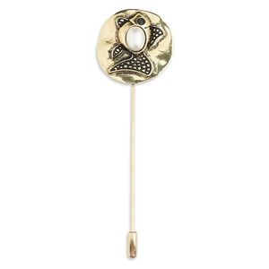 Brooch, antiqued gold-finished "pewter" (zinc-based alloy) and steel with resin, white, 4-1/8 inch wavy flat round with fish design. Sold individually.